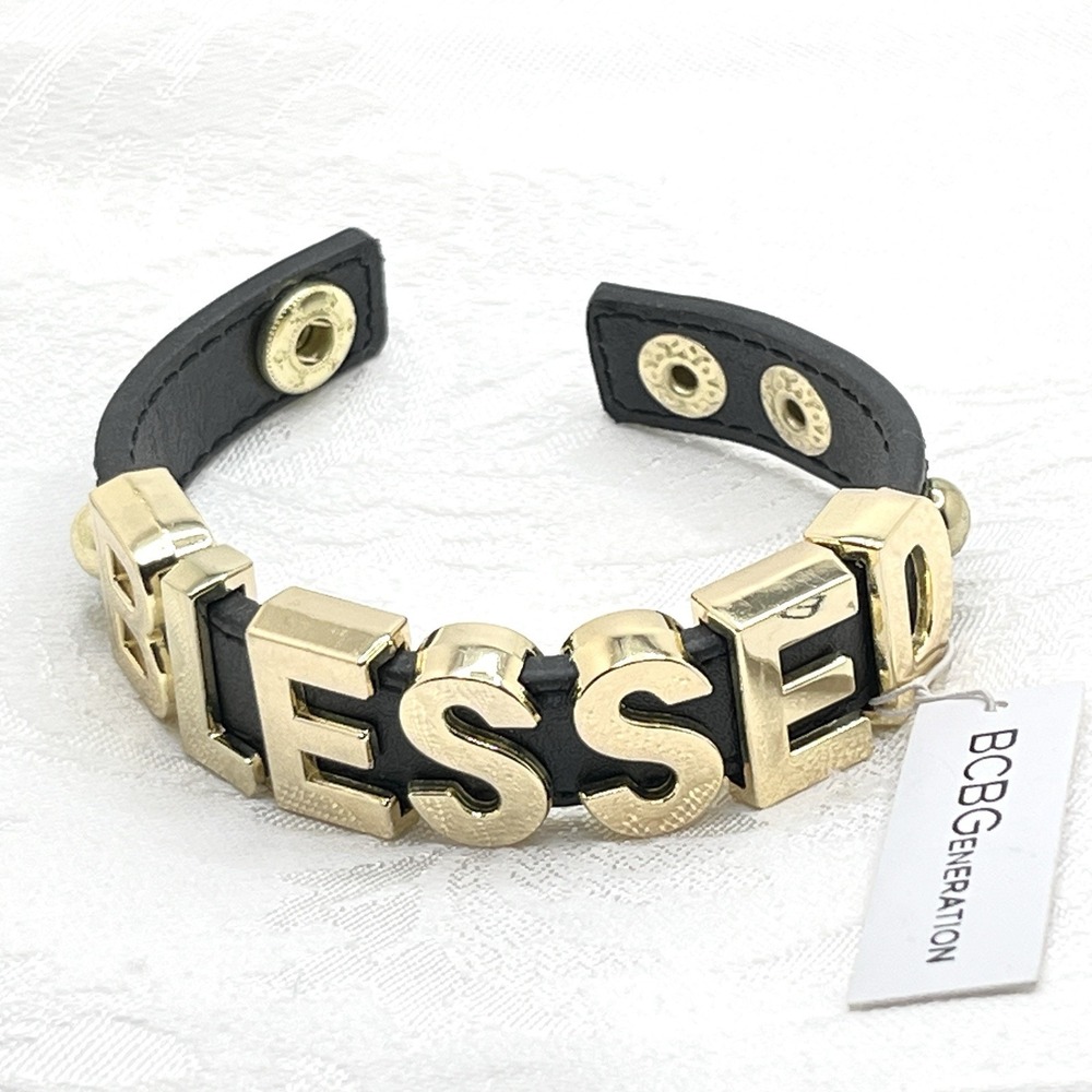 BCBG Generation Blessed Letters Black Gold Tone Snap Bracelet NWT